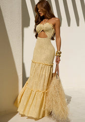 VESTIDO HARMONY – Vestido Longo com Saia em Camadas e Busto Franzido com Recorte Yellow Butter