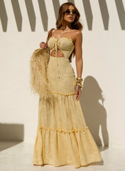 VESTIDO HARMONY – Vestido Longo com Saia em Camadas e Busto Franzido com Recorte Yellow Butter